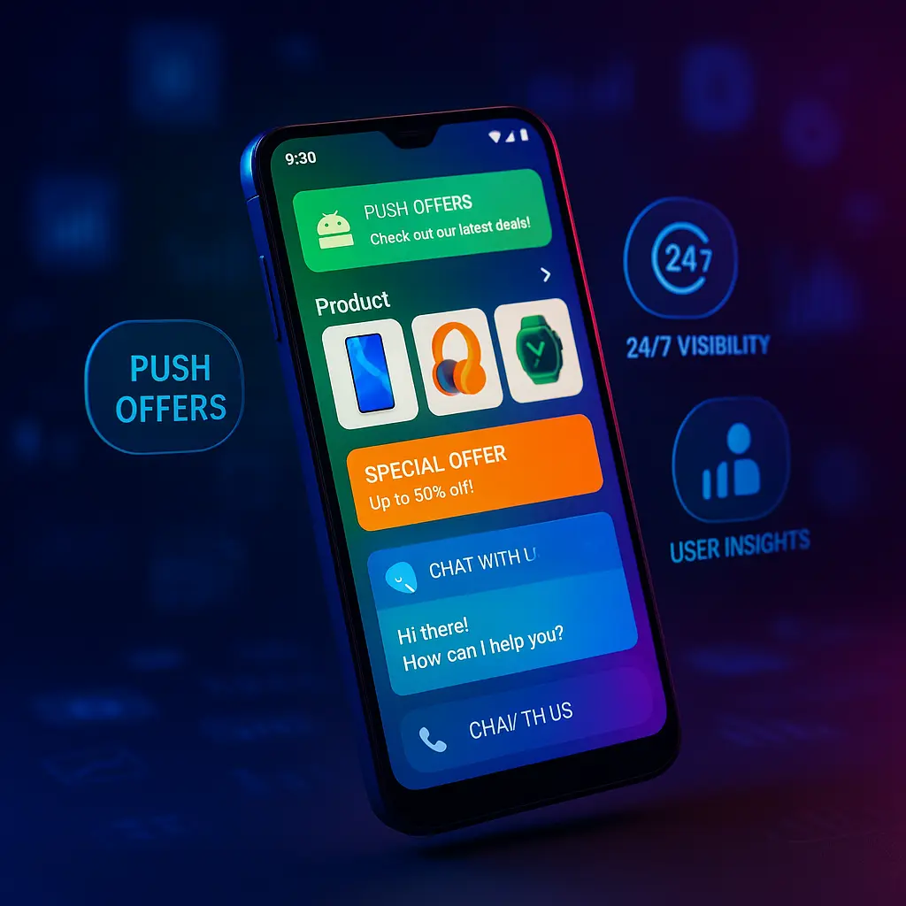 3D realistic smartphone screen showing push notifications and product offers in an android app for business with colorful UI and blurred background.