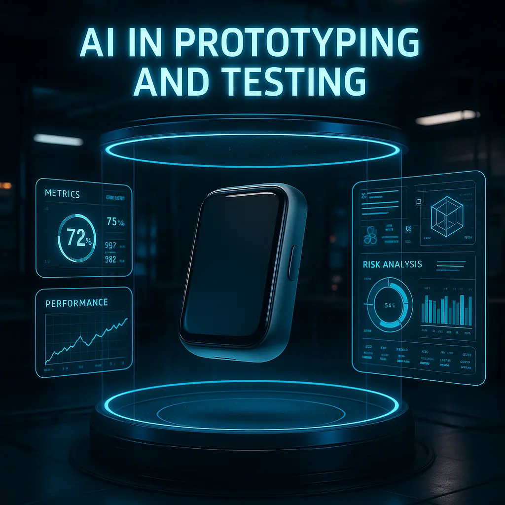 Realistic scene of engineers using AI in product development for rapid prototyping and advanced product testing.