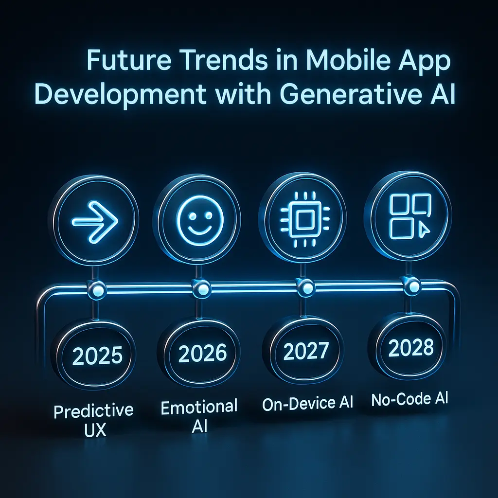 Future trends of generative AI mobile apps from 2025 to 2028 highlighting predictive UX, emotional AI, on-device AI, and no-code AI