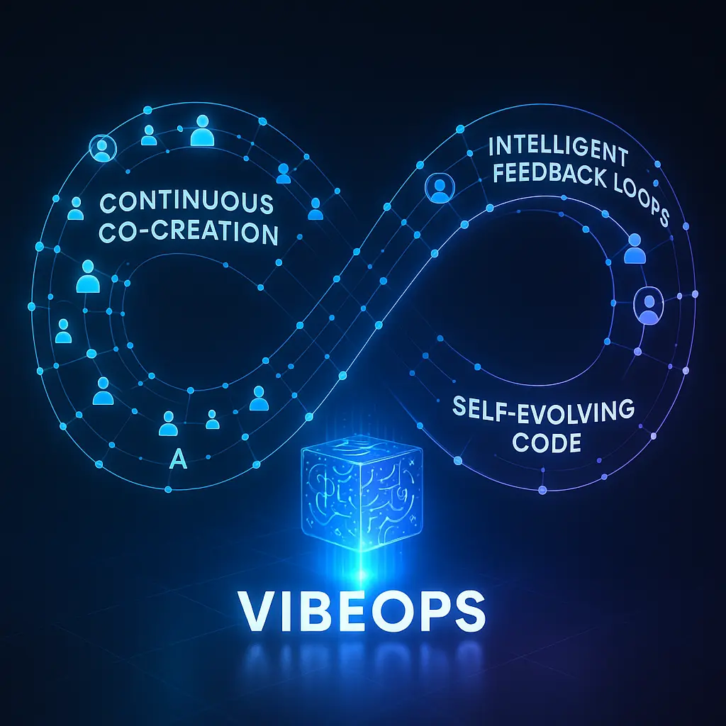 3D visual of the VibeOps framework illustrating continuous AI co-creation and self-evolving code