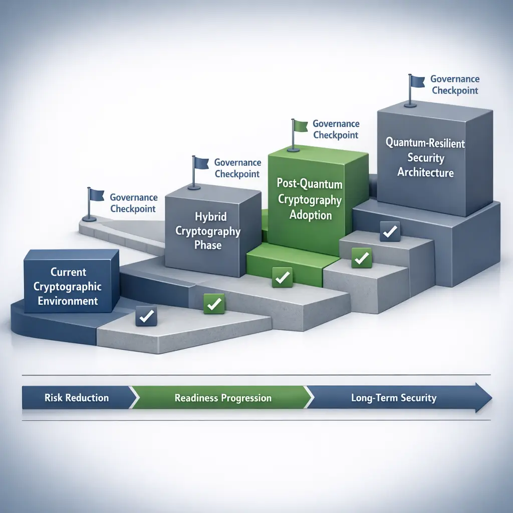 Enterprise roadmap infographic showing transition to post-quantum cryptography to mitigate quantum computing security risks