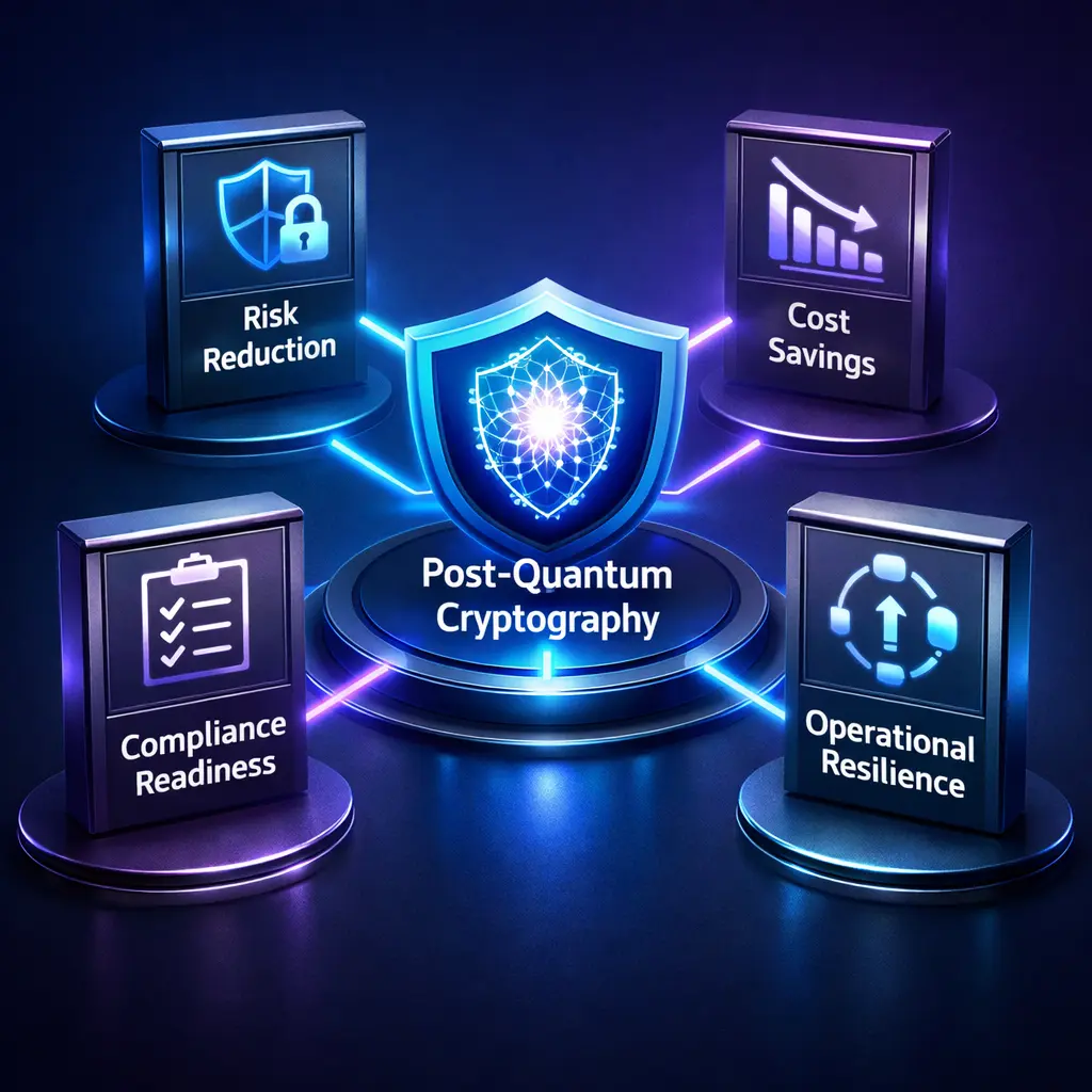 Post-quantum cryptography for enterprises highlighting business impact and risk reduction.