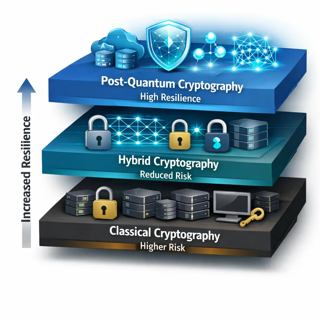Post-quantum cryptography for enterprises migration from classical to hybrid security.