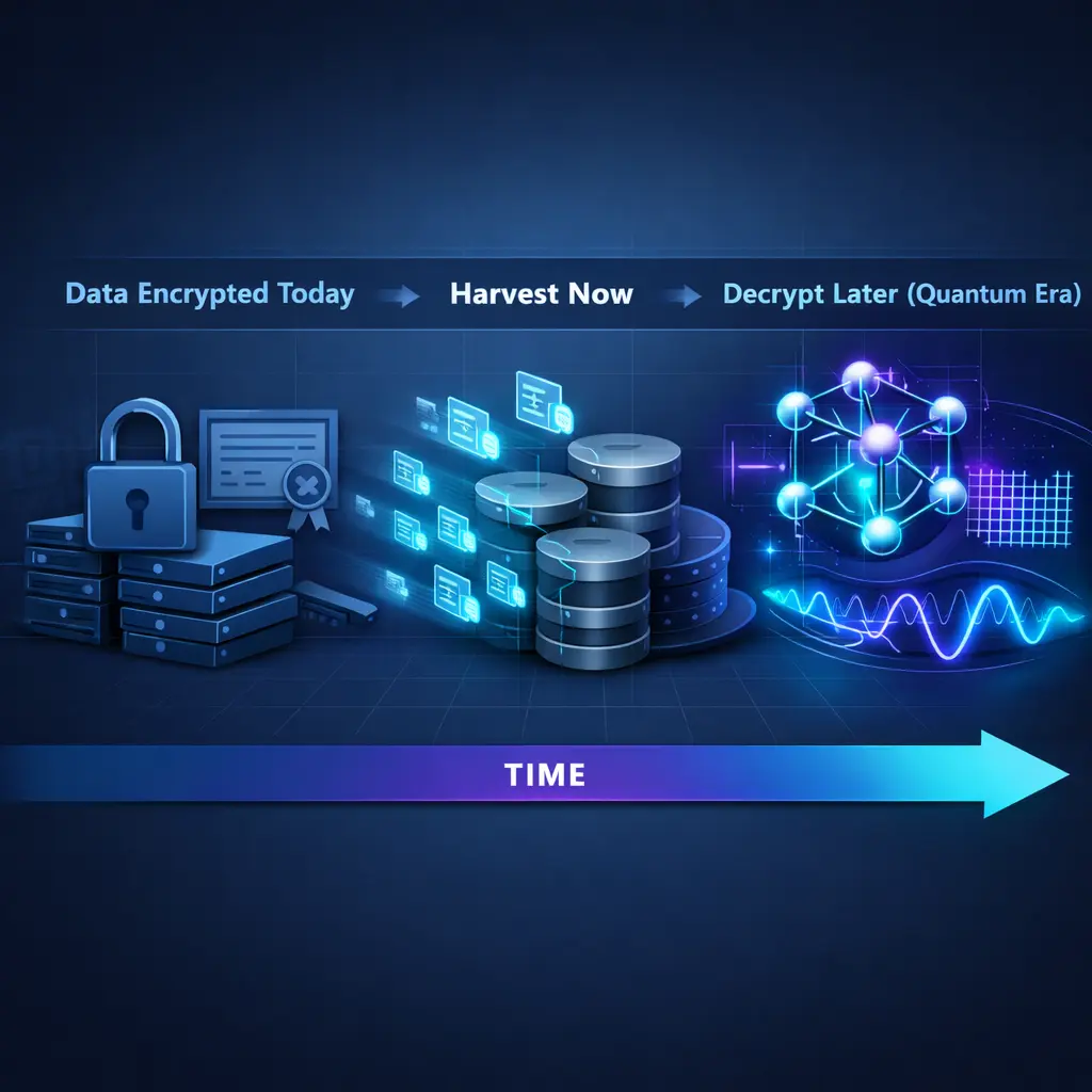 Post-quantum cryptography for enterprises explaining harvest now decrypt later risk.