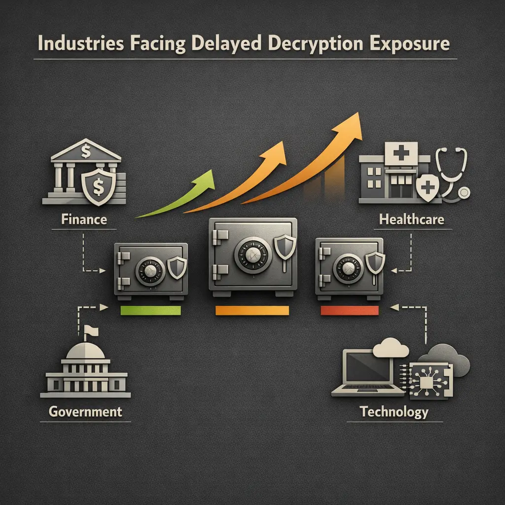 Infographic highlighting industries most exposed to quantum security risk from delayed data decryption, including finance and healthcare