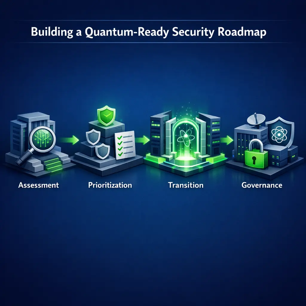 Visual roadmap showing how enterprises reduce quantum security risk through phased quantum-ready security planning