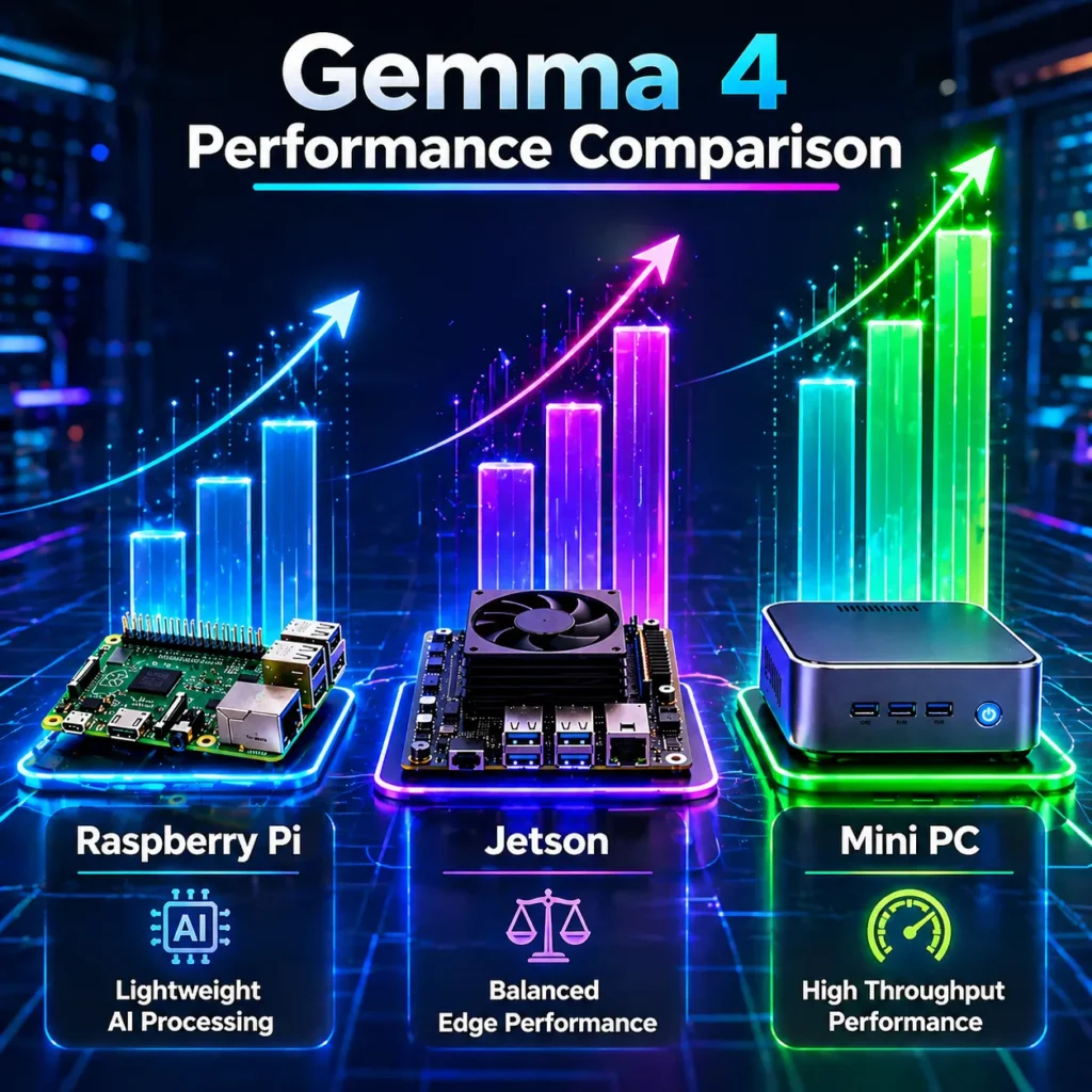 Gemma 4 performance comparison showing tokens per second across Raspberry Pi, Jetson and Mini PC
