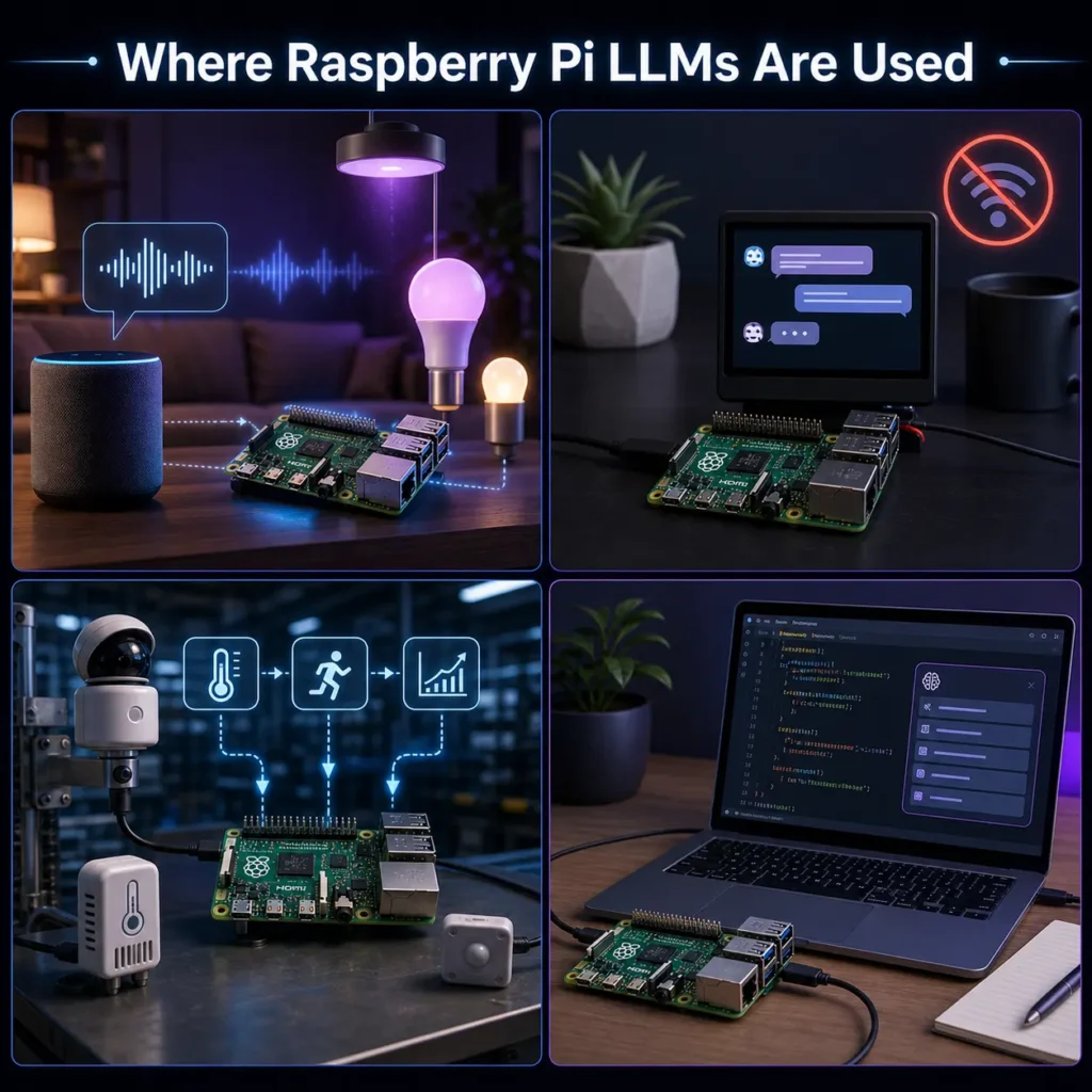Real-world applications of Raspberry Pi LLMs including smart home assistant, offline chatbot, IoT edge AI, and coding assistant