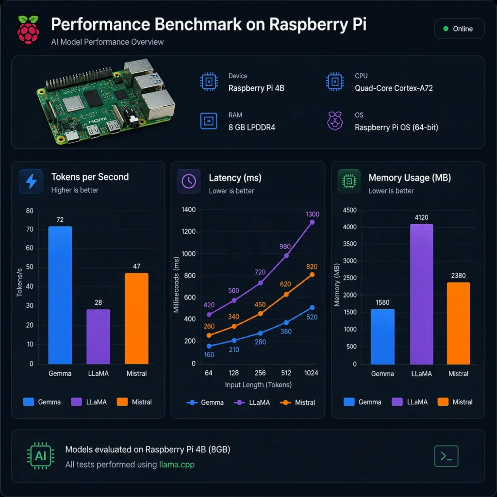 Performance benchmark of LLMs on Raspberry Pi comparing Gemma, LLaMA, and Mistral in speed, RAM usage, and latency tests