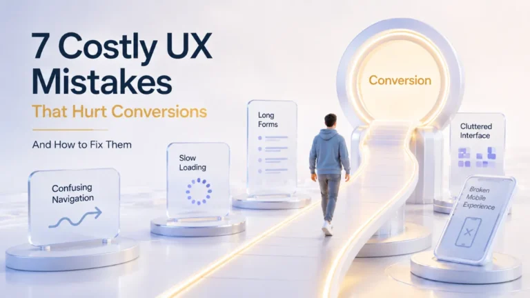 3D illustration of 7 costly UX mistakes that hurt conversions, showing common usability issues affecting website performance and user engagement.