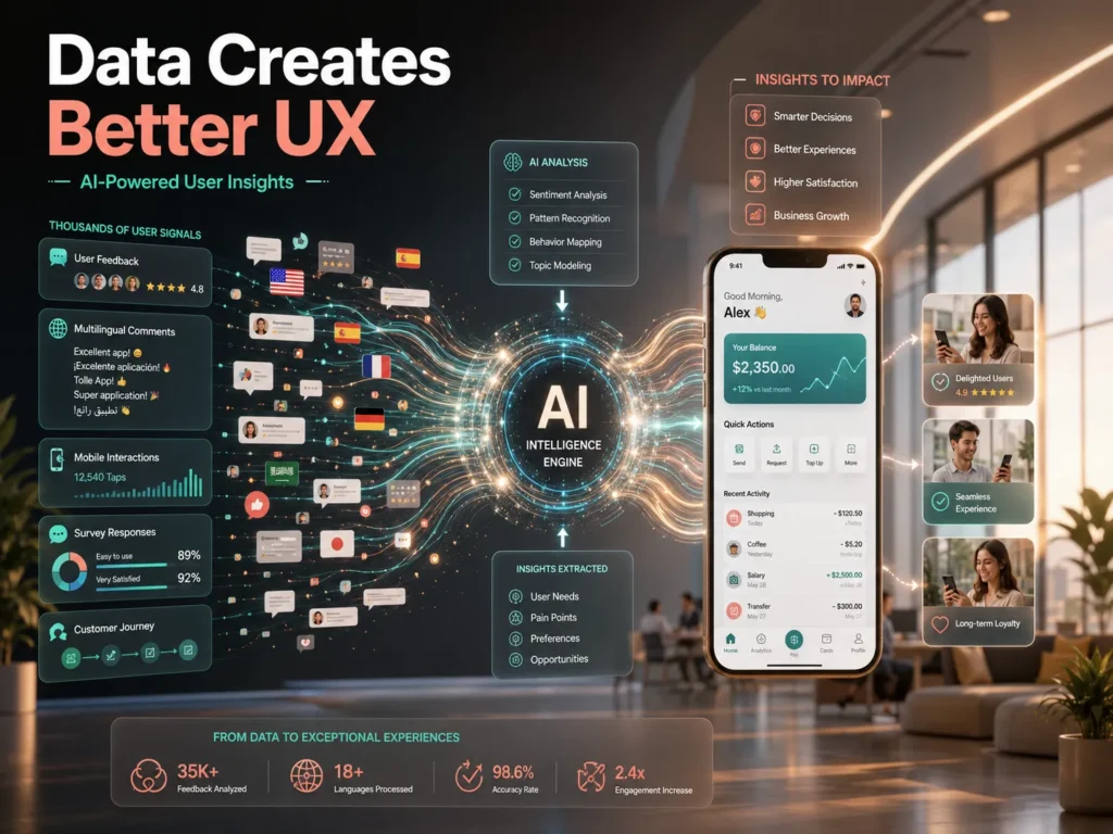AI in UX research transforming user feedback and behavioral data into personalized digital experiences and smarter UX decisions.