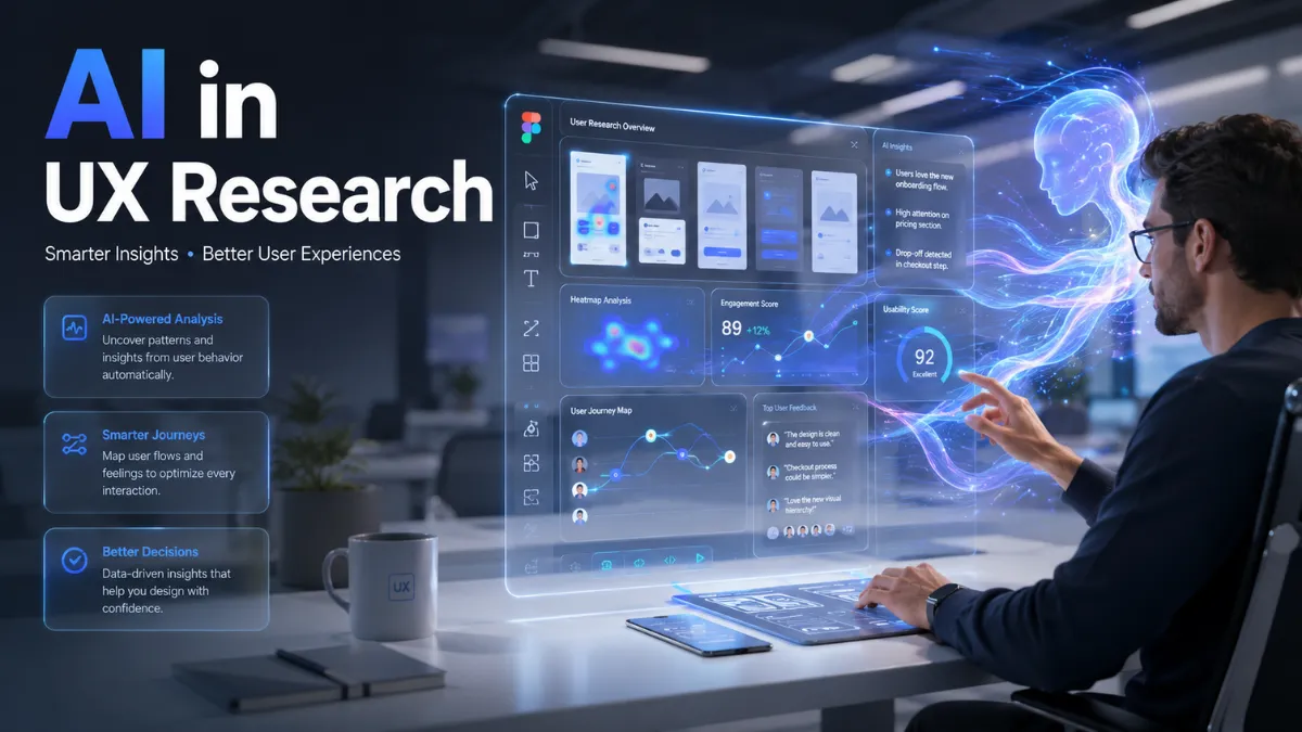 3D illustration showing AI in UX research where a UX designer collaborates with AI to analyze user behavior and improve digital experiences.