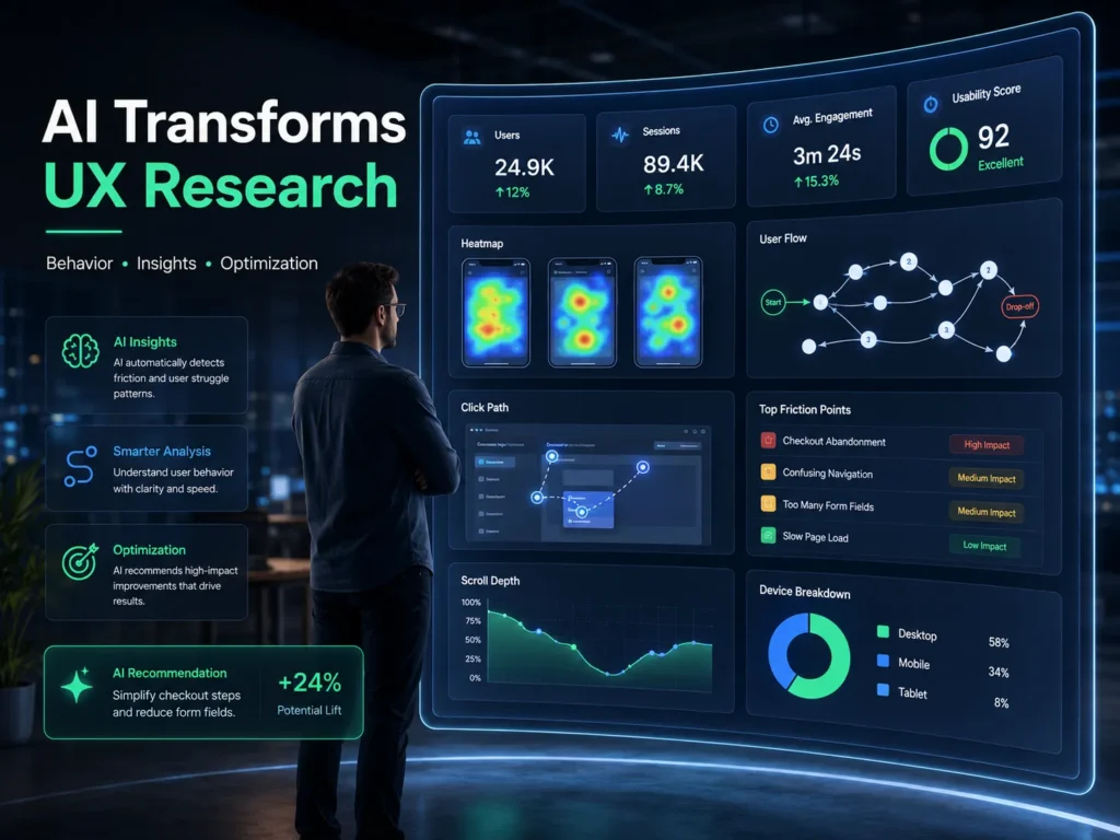 AI in UX research dashboard analyzing user behavior, heatmaps, click patterns, and usability insights for better product design.
