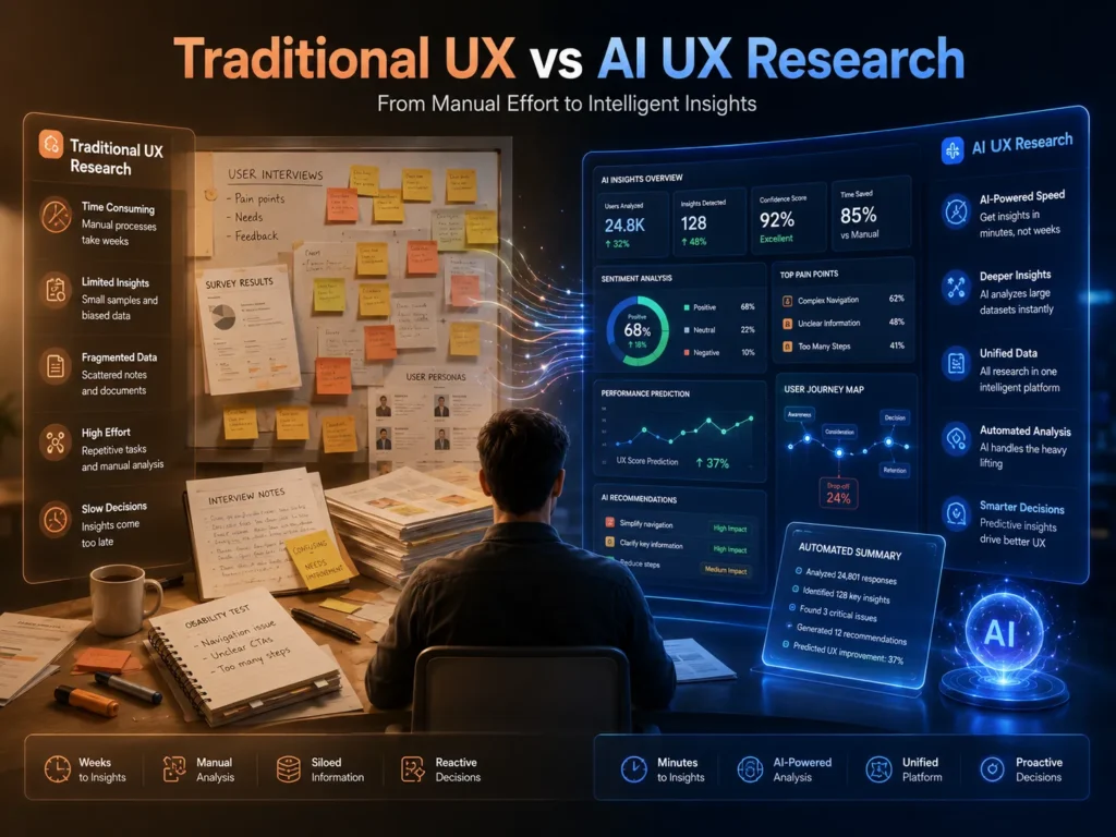 Comparison of traditional UX research and AI in UX research highlighting automation, usability analysis, and data-driven insights.