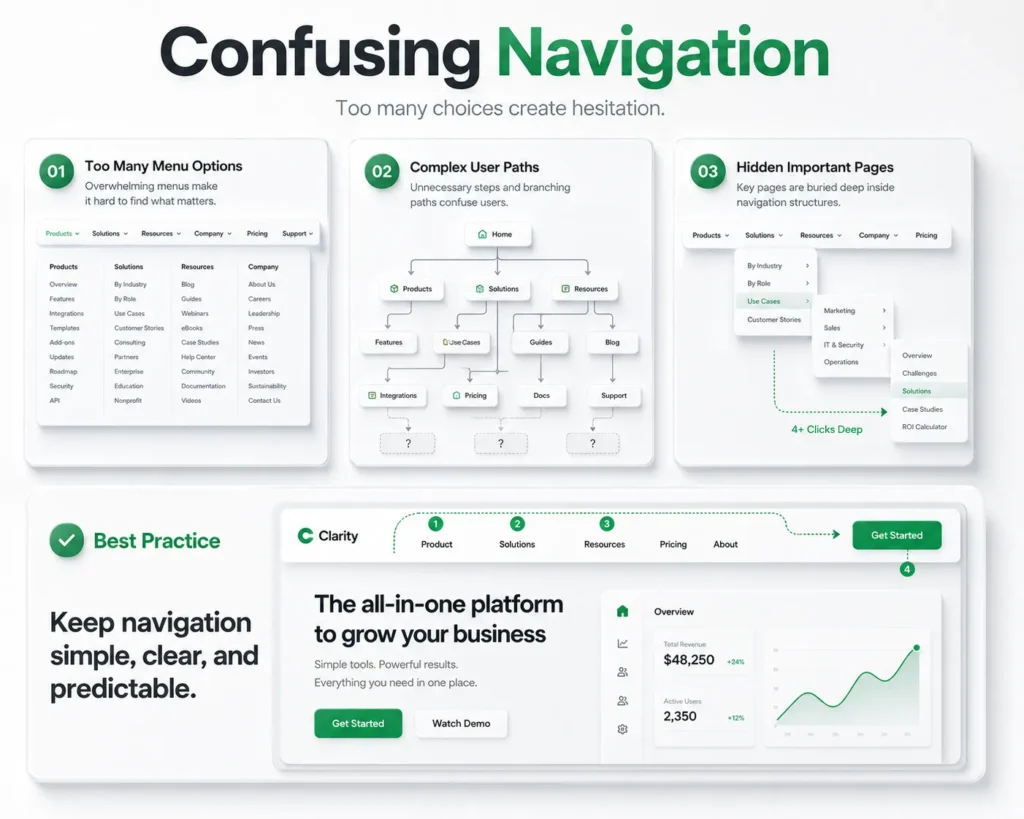 3D comparison of confusing navigation and clear website navigation showing how better UX improves user experience and conversions.