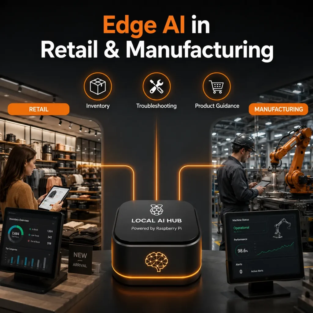 Edge AI applications in retail and manufacturing using Raspberry Pi for inventory management, troubleshooting, and product assistance