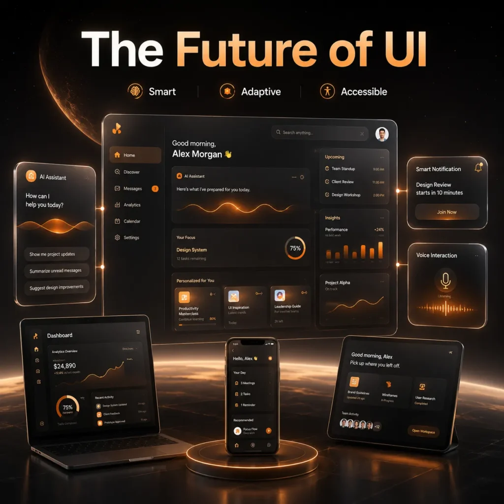 Future-focused UI design trends featuring adaptive AI interfaces, personalized user experiences, and accessibility-first design