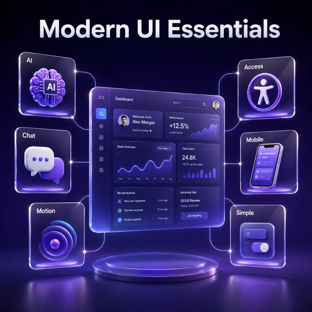 Infographic highlighting UI design trends including AI personalization, conversational UI, accessibility, and microinteractions