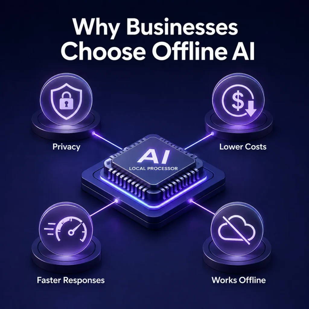Offline AI benefits for businesses including privacy, lower costs, faster response times, and local AI processing on Raspberry Pi
