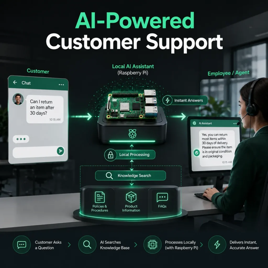 AI-powered customer support assistant running locally on Raspberry Pi for business knowledge search and instant responses