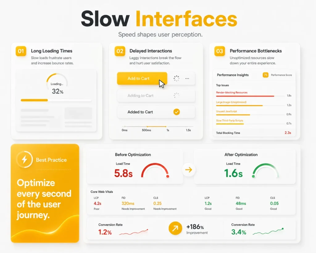 3D visualization of slow website interfaces demonstrating how page speed optimization improves user experience and conversion rates.