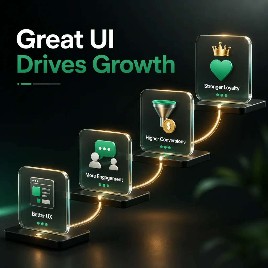 Modern UI design trends improving user engagement, conversions, and business growth through intuitive digital experiences