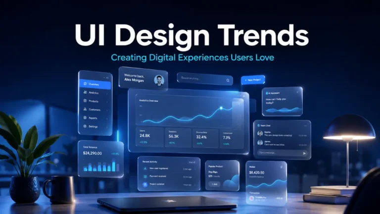 3D illustration showcasing UI design trends with AI-powered interfaces, glassmorphism, and modern digital user experiences
