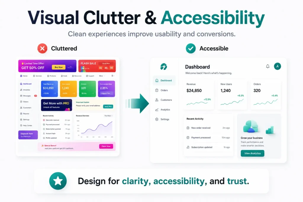 3D comparison of cluttered and accessible UI design highlighting how clean layouts improve usability, accessibility, and conversions.