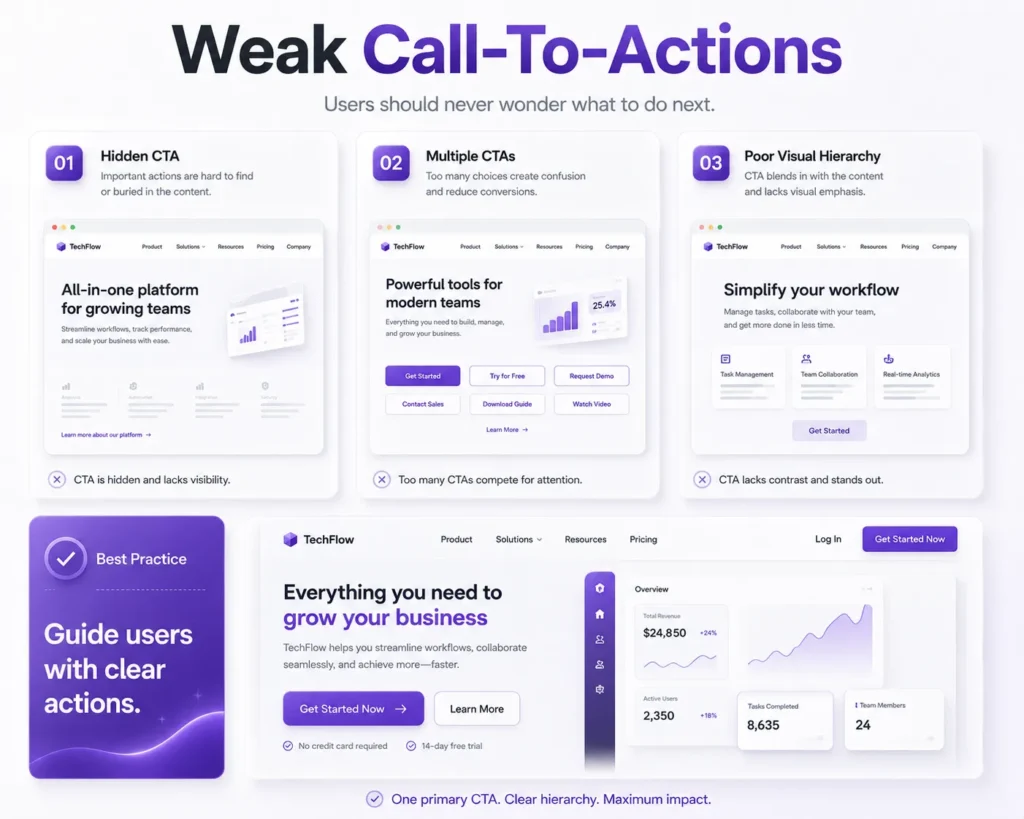 3D illustration of weak and effective call-to-action designs showing how clear CTAs improve user experience and website conversions.