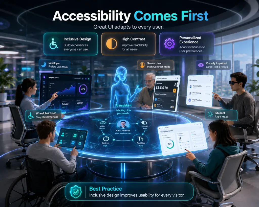 3D accessibility-focused UI design showing adaptive dark mode and light mode interfaces for diverse users and inclusive experiences.