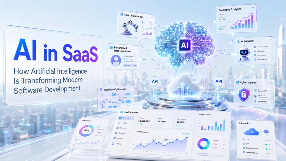 3D illustration showing AI transforming modern SaaS software with cloud computing, automation, analytics, and intelligent business applications.