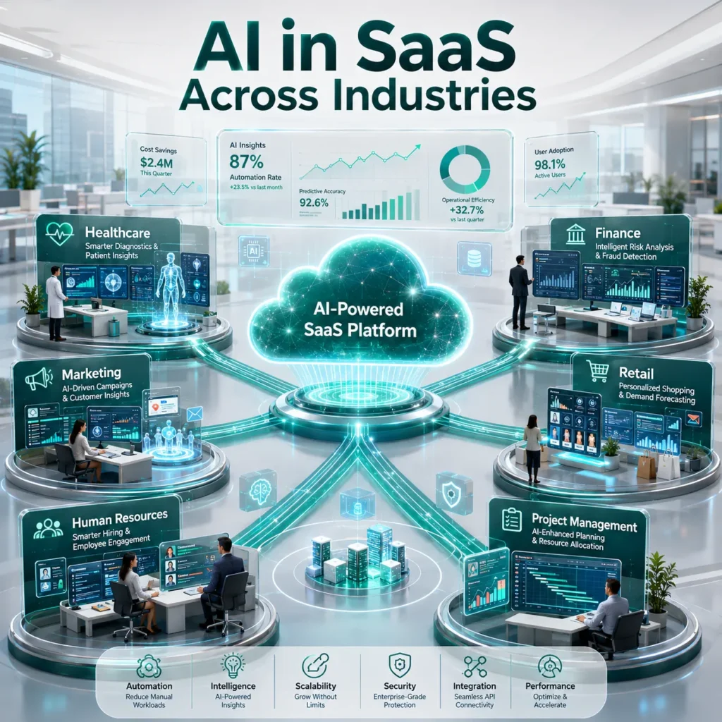 3D illustration showing real-world applications of AI in SaaS across healthcare, finance, retail, marketing, HR, and project management.