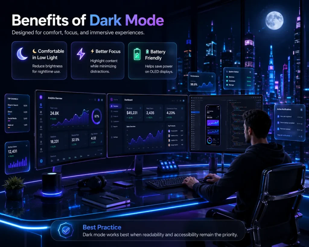 3D visualization of dark mode UI design highlighting low-light comfort, focus, immersive interfaces, and battery efficiency.