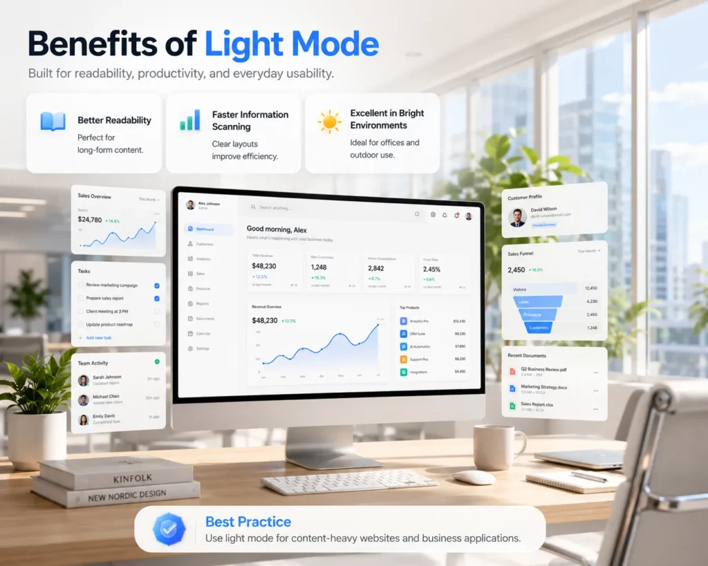 3D illustration of light mode UI design showing readability, productivity, and clean user interface for business applications.