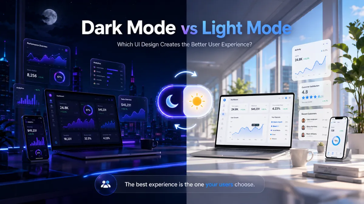 3D comparison of dark mode vs light mode in UI design showing modern user interface themes and user experience differences.