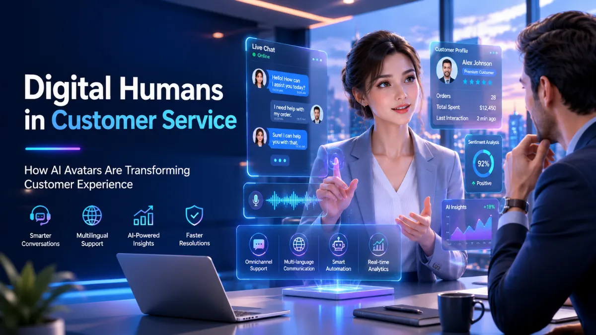 Digital Humans in Customer Service helping a customer through an AI-powered virtual assistant with holographic customer support interface.