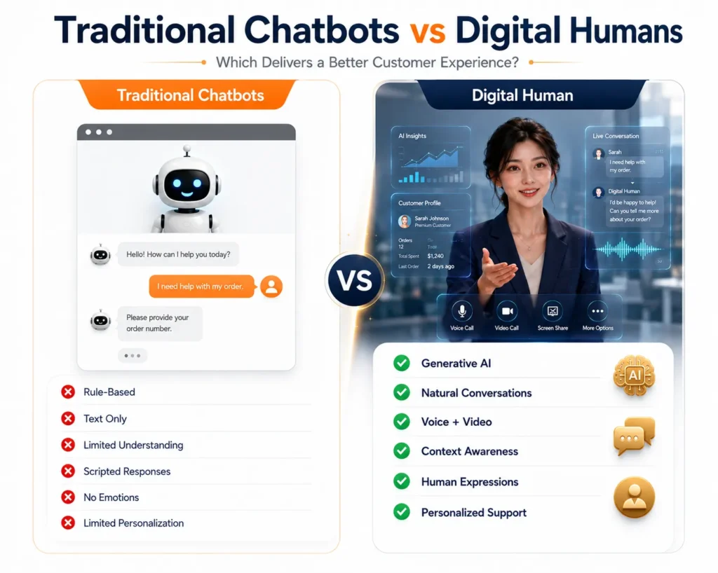 Comparison infographic showing Digital Humans vs Traditional Chatbots based on personalization, AI intelligence, context awareness, and customer experience.