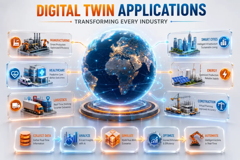 3D infographic showing Digital Twin Technology applications across multiple industries.