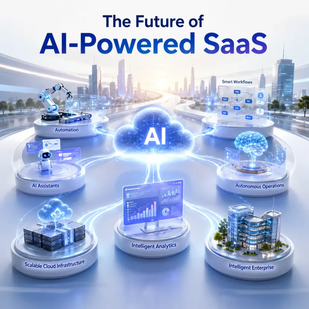 3D futuristic illustration showing the evolution of AI-powered SaaS with AI agents, autonomous workflows, self-learning platforms, and intelligent enterprise software.