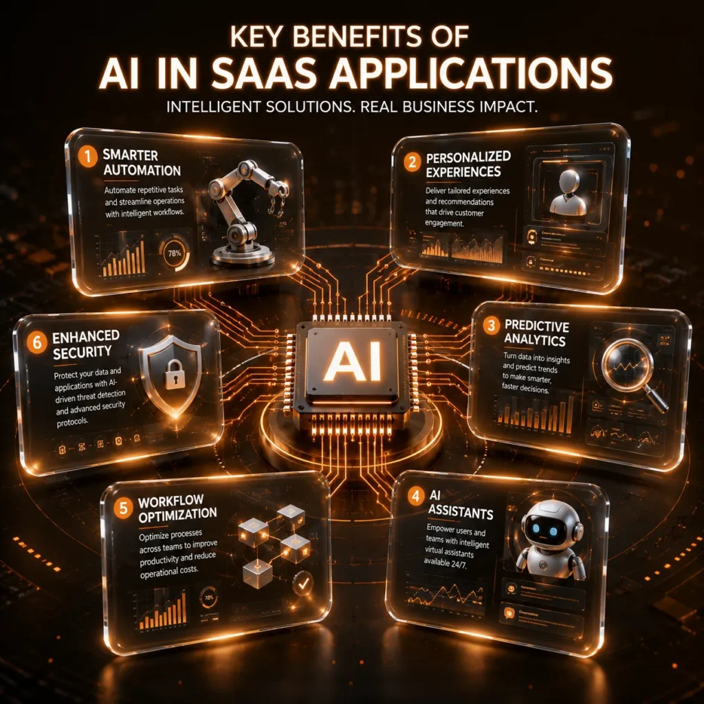 3D infographic highlighting the key benefits of AI in SaaS, including automation, personalization, predictive analytics, AI assistants, workflow optimization, and security.
