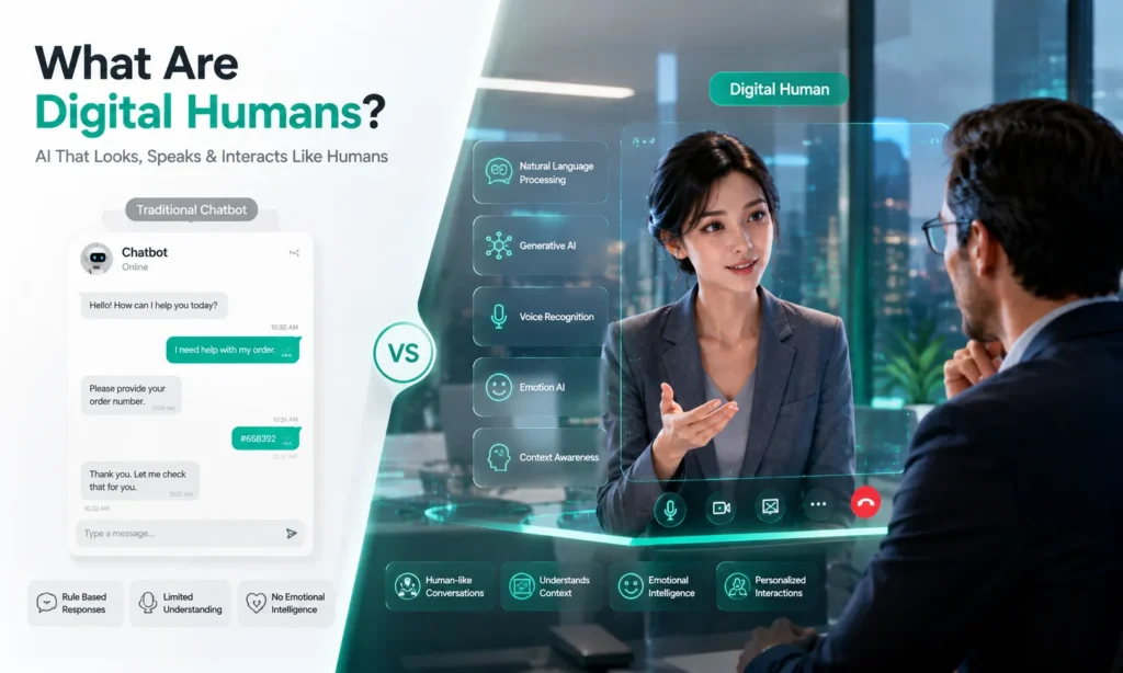 Digital Humans with AI technologies including Natural Language Processing (NLP), Generative AI, voice recognition, multilingual communication, and real-time customer support.