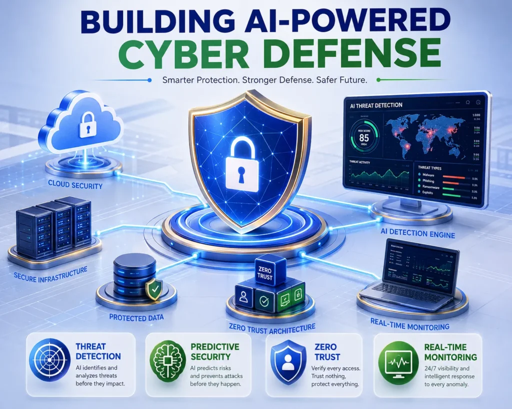 AI-powered cyber defense and threat detection infographic
