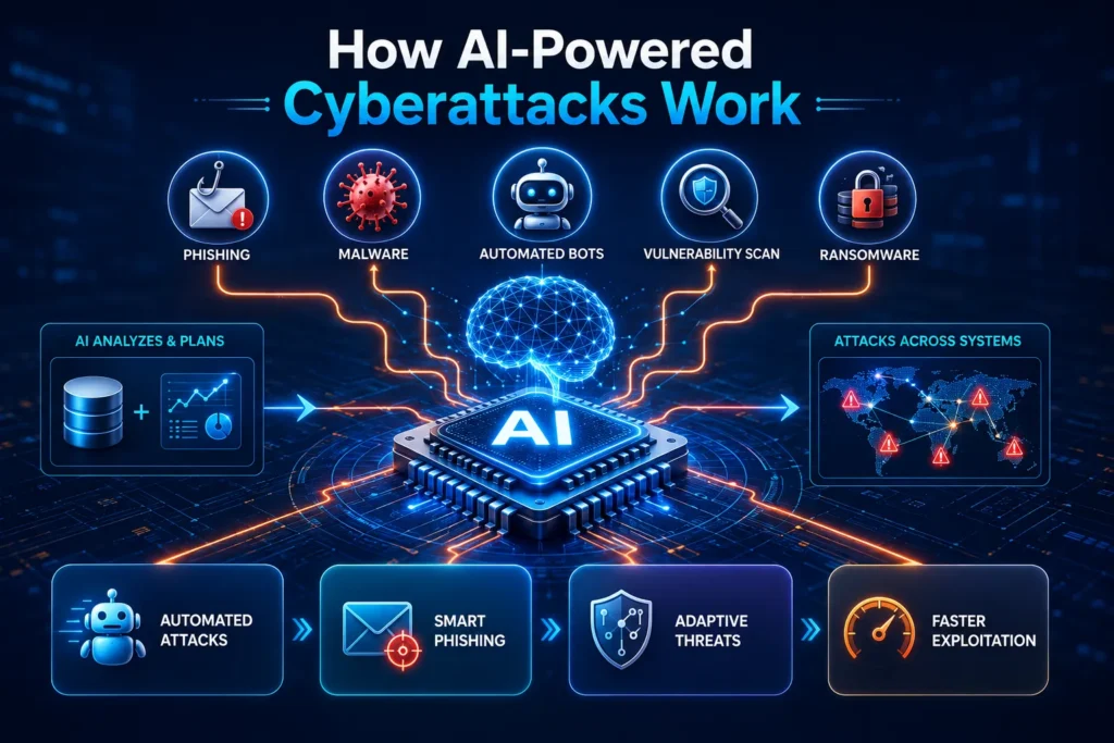 AI-powered cyberattacks and automated threats infographic
