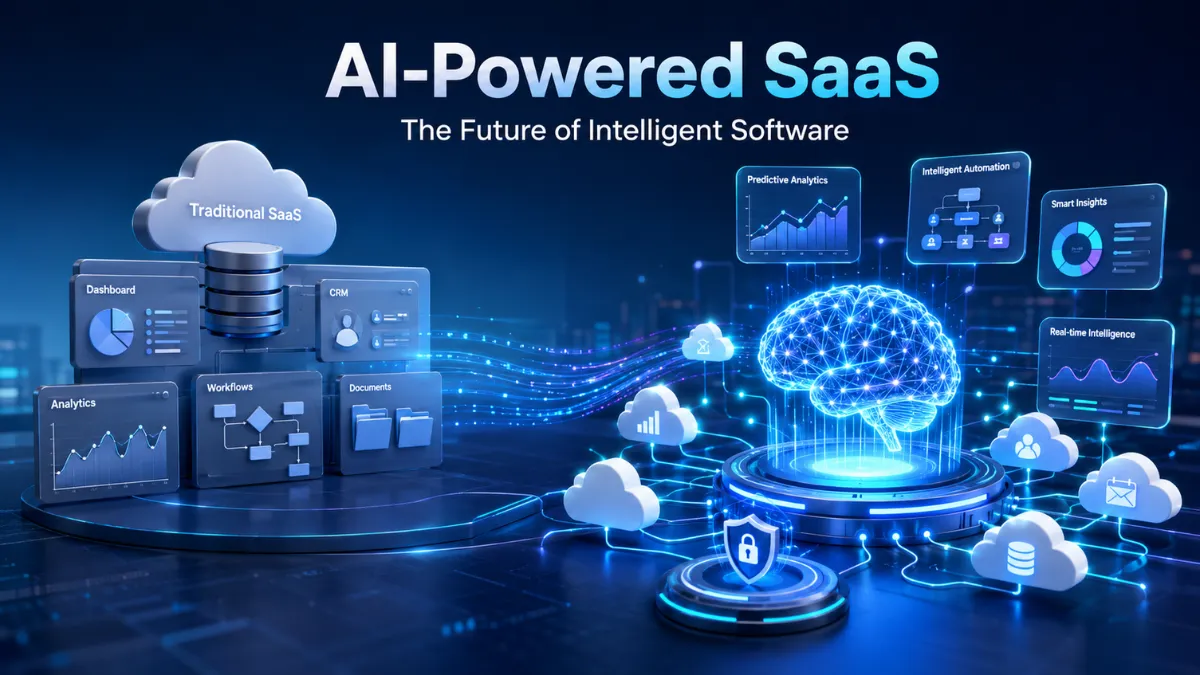 AI-powered SaaS infographic showing the future of intelligent cloud software