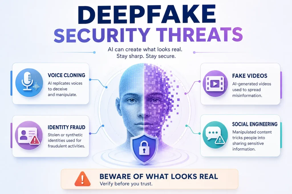 Deepfake security threats and identity fraud infographic