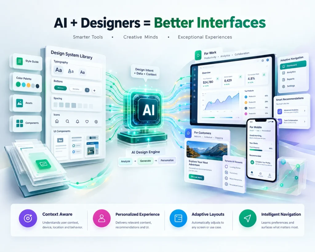 3D workflow infographic showing AI and designers collaborating to build scalable Generative UI interfaces