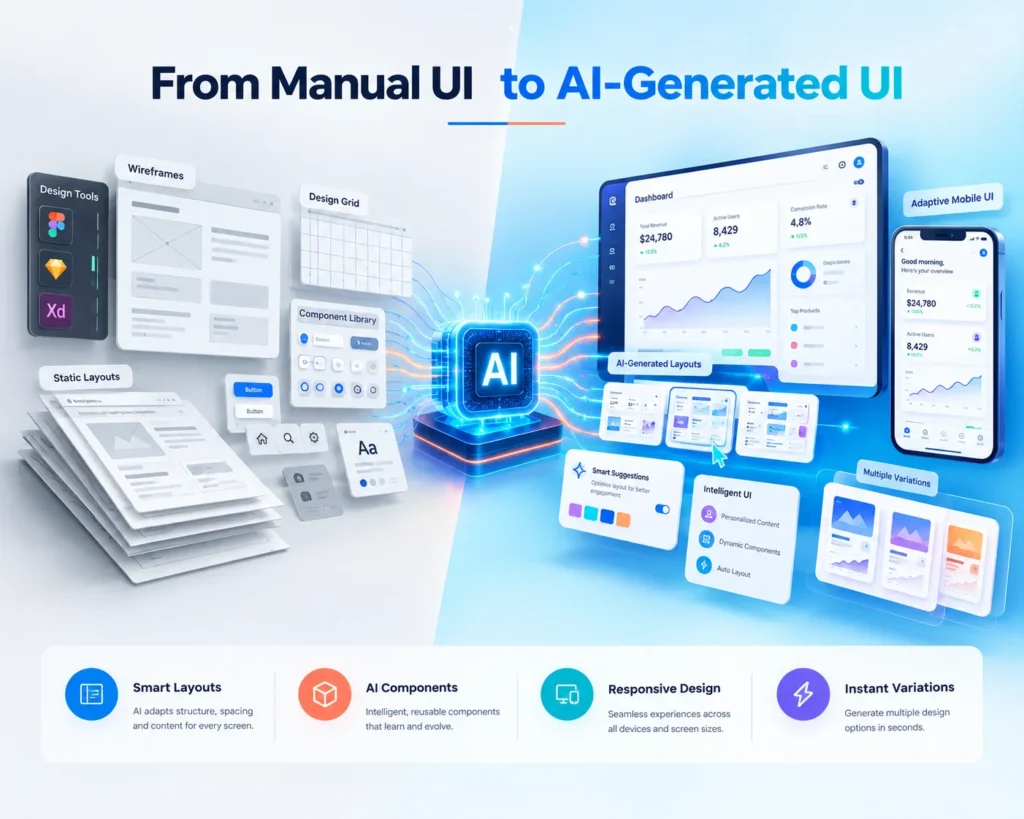 3D infographic comparing traditional manual UI design with AI-generated UI layouts and intelligent design components