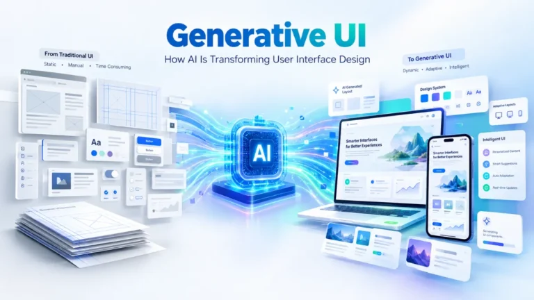 3D infographic comparing traditional manual UI design with AI-generated UI layouts and intelligent design components