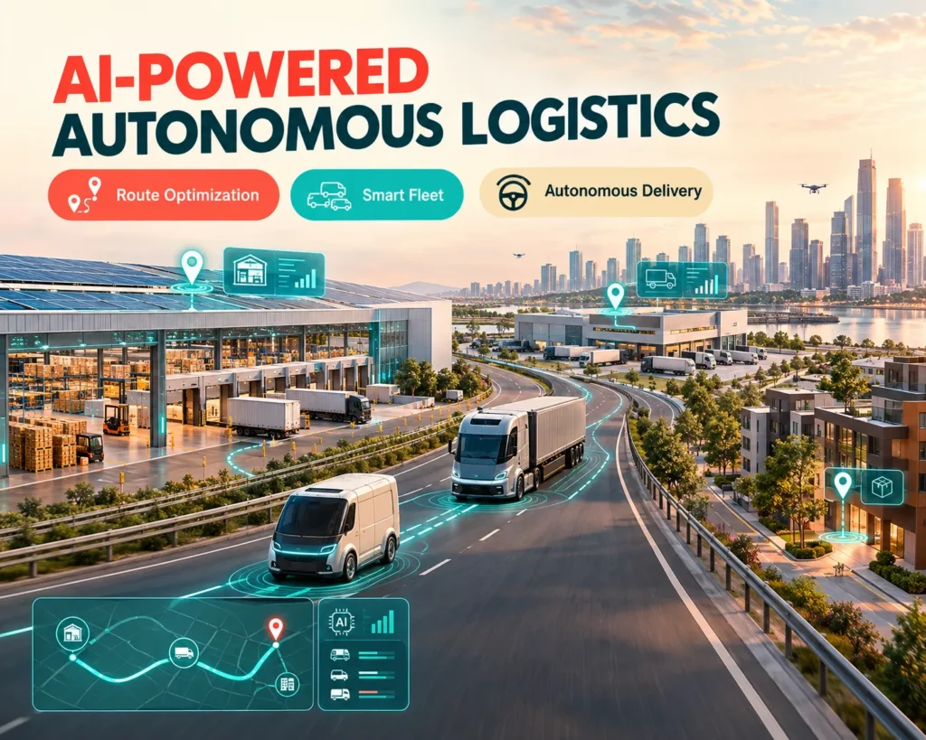 AI-powered autonomous logistics vehicles optimizing delivery routes and fleet operations
