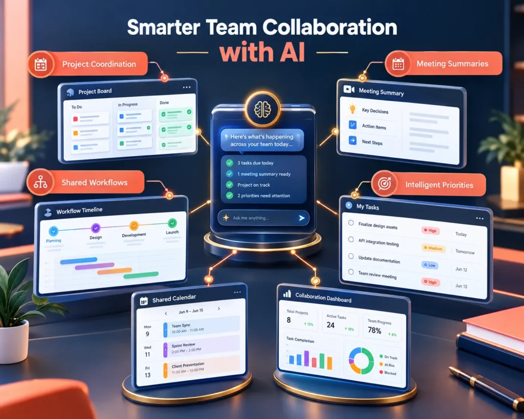 AI workplace assistant coordinating team collaboration, projects, meetings, and shared workflows